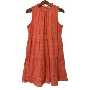 LOFT Cotton Eyelet Tiered Knee Length Dress Size M Orange Beachy Summer Romantic